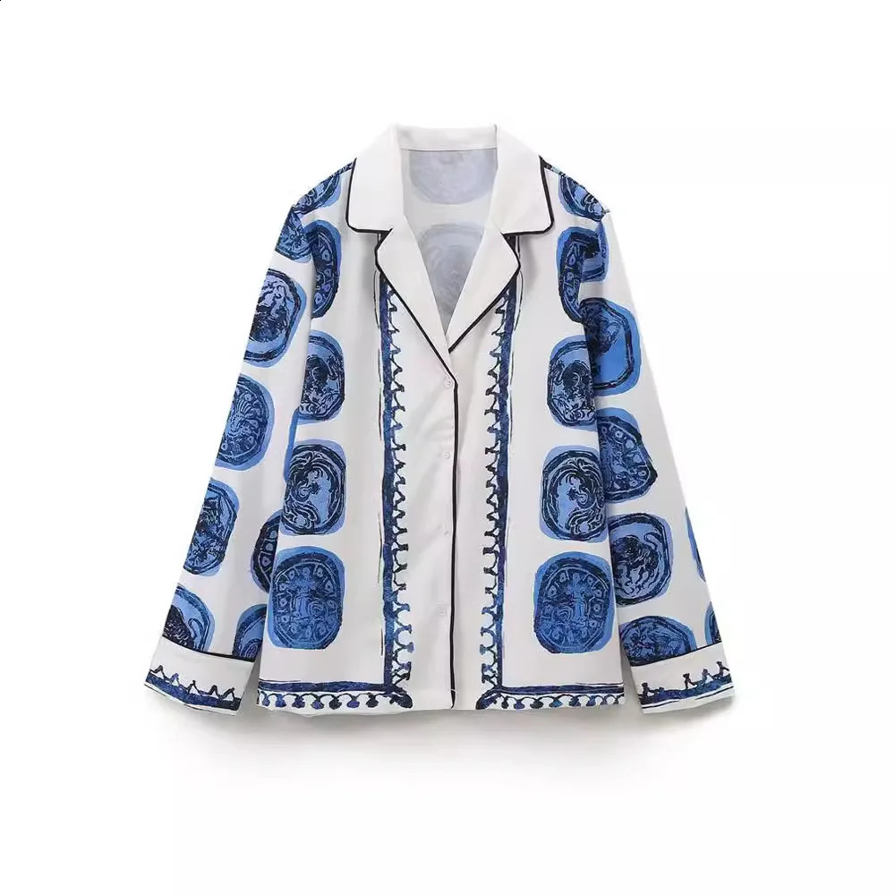 Vintage Blue Print Shirt Pants Suits For Women Casual Lapel Buttons Tops Wide Leg Pants Sets 2024 Pajama Style Streetwear 240724