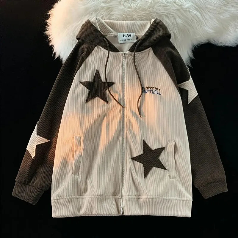 Y2K Harajuku Style Fashion Star Patch Zipper Hooded Women Streetwear Casual Joker Sweatshirt Unisex Stitching Tops 240806