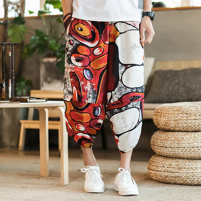 Harajuku summer loose calf length casual mens wide leg cotton linen printed pocket pants oversized mens pants 240828