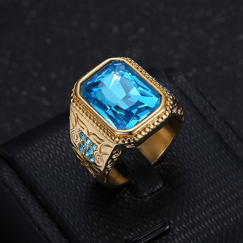 Hip Hop Casting Ring Ice Blue Rhinestone Titanium Steel Gold Plated Mens Jewelry