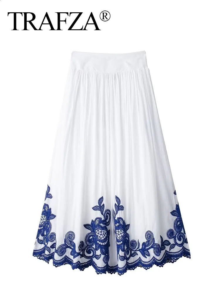 TRAFZA Elegant Women White Blue Embroidery High Waist Midi Skirt Loose Fit Woman Elastic Waist A Line Long Skirts For Holiday 240724