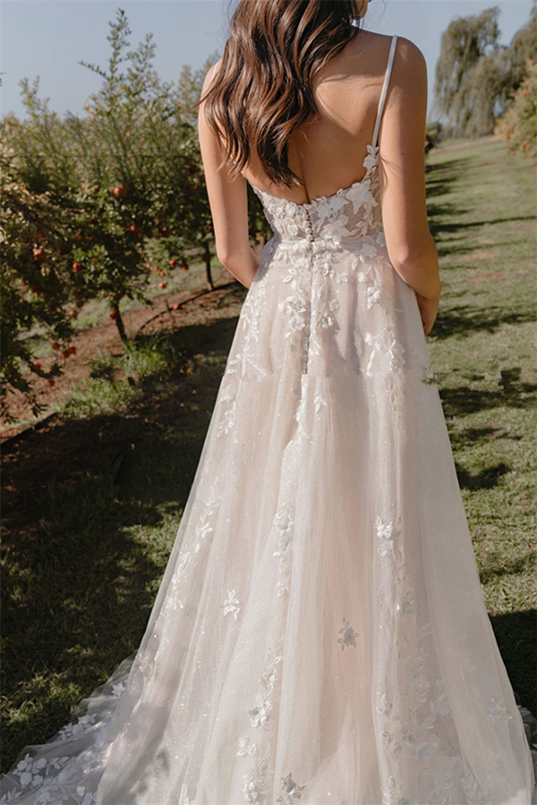 DOUGAL Pastrol Wedding Dresses For Bride A-e Sweetheart Spaghetti Straps Appliques Tulle Abito Da Sposa Personalised
