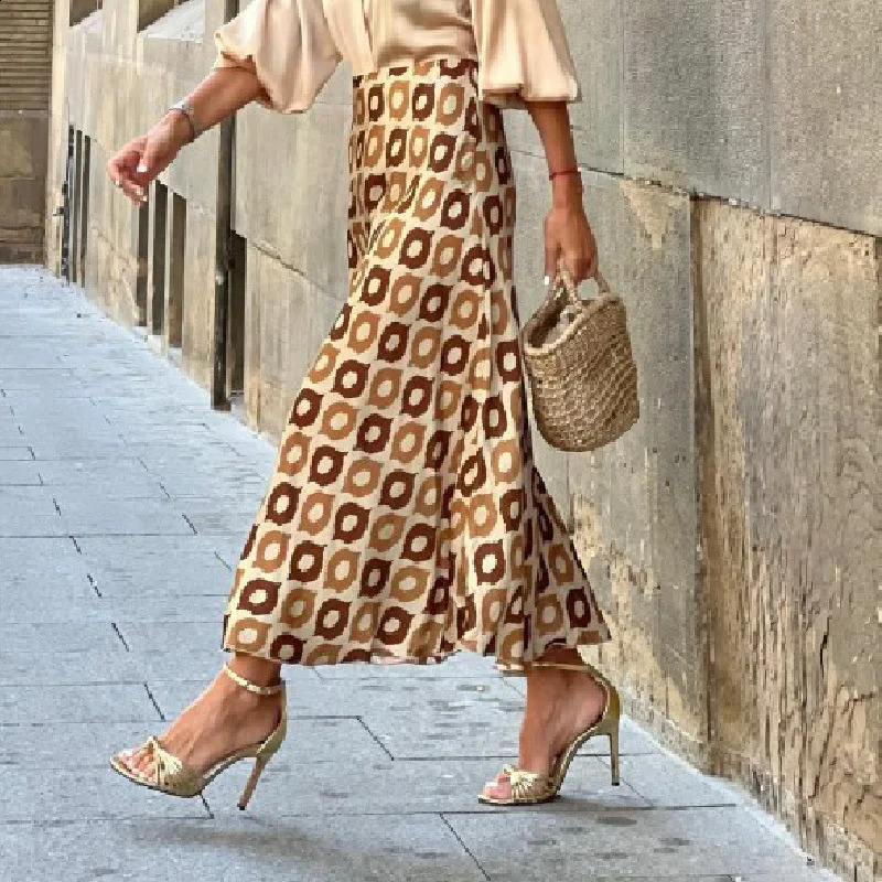 Womens Long Satin Skirt Midi Elegant High Waist Polka Dot Autumn Office A-line Vintage Silk Printed Skirt Female Skirt 240724