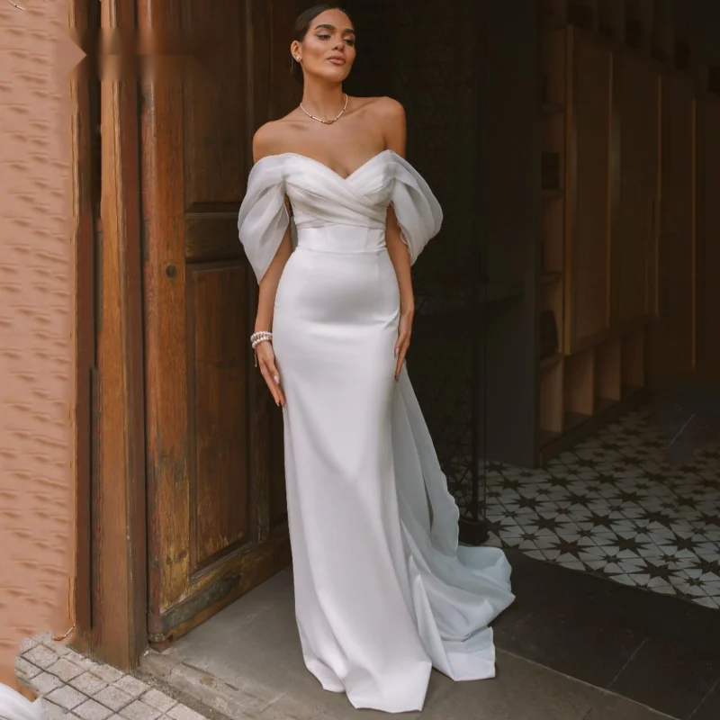 Elegant Sweetheart Mermaid Wedding Dress Women White Off The Shoulder Open Back Satin Bridal Gown Sweep Train Vestidos De Novia 0213
