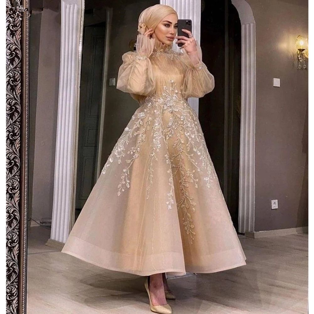 Elegant Muslim Champagne High Neck Evening For Black Girls Full Sleeve Prom Moroccan Caftan Appliques Formal Party Ball Gown Custom Made 6660312
