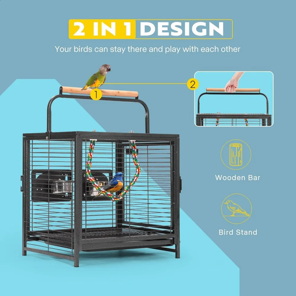 19 Inch Wrought Iron Bird Travel Cage for Parrots Conures Lovebird Cockatiel Parakeets Black 240724