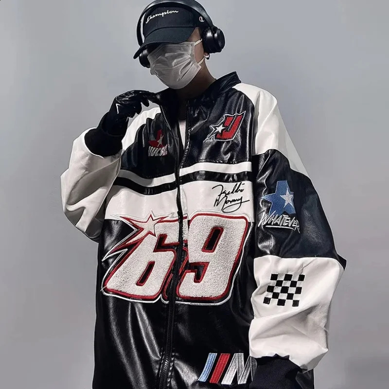 Bombe PU Jacket Men Flocking Embroidery Leather Y2k Vintage Varsity Jackets Racing Oversize Patchwork Baseball Jackets Unisex 240723