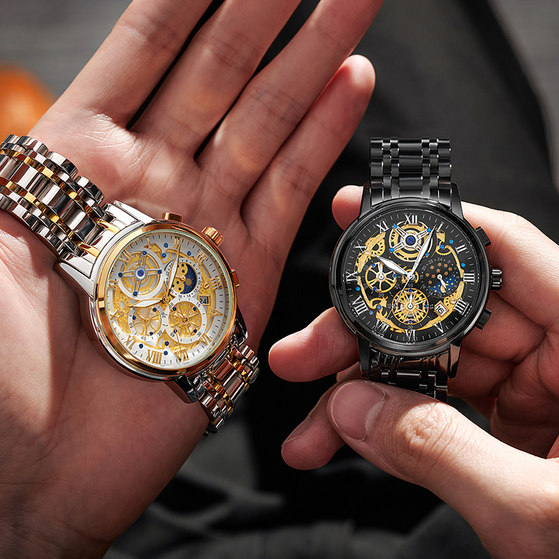 LIGE Men's Quartz Watch Multi-function Chronograph 24-hour Moon Phase Men's Business Waterproof watch stainless steel strap Quarzuhr
