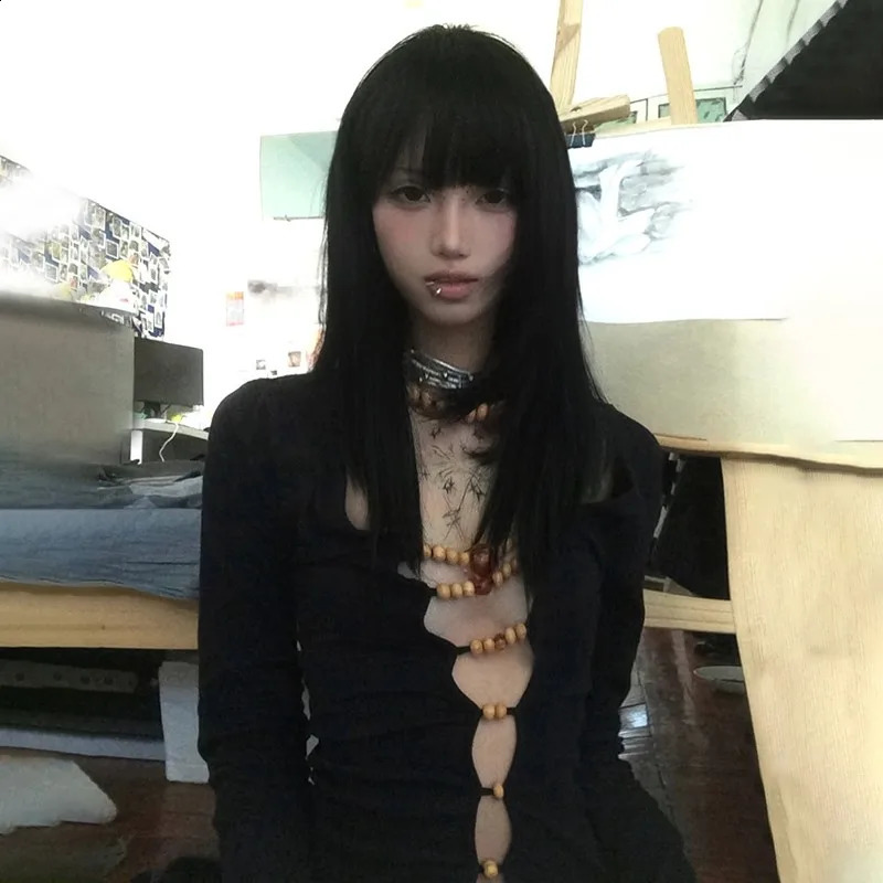 Karrram Japanese Y2k Hollow Out Tops Vintage Harajuku Beaded T Shirt 2000s Aesthetics Long Sleeve Slim T-shirts American Retro 240716