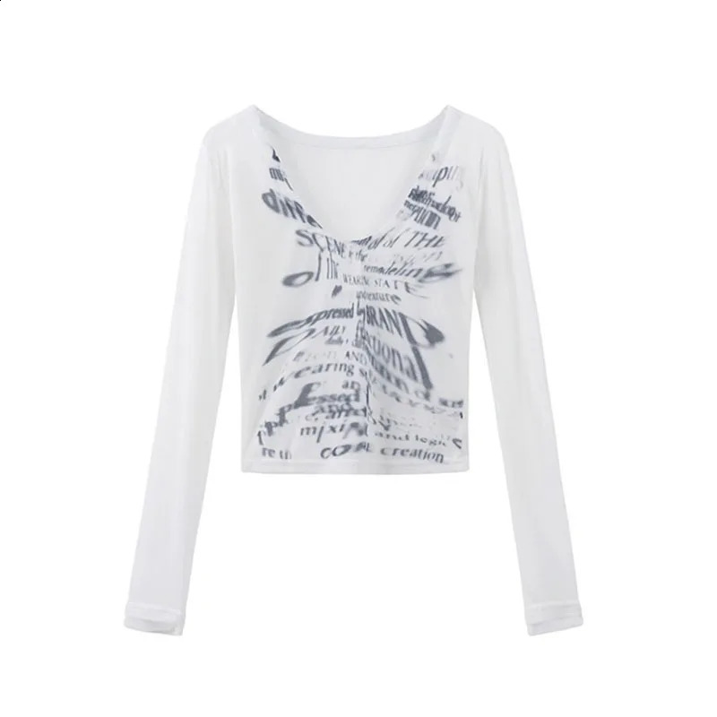 Deep City Retro Y2k T-shirt Womens Grunge Sexy Letter Printed Crop Long Sleeve V-neck T-shirt Korean Street Clothing Harajuku Aesthetics 240826