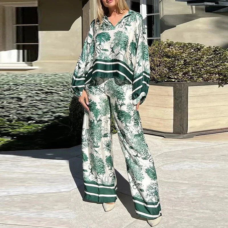 2024 Vintage Suit Sexy V Neck T-shirt Long Pants Outfits Summer Short Sleeve Loose Flare Sleeve Printed Ethnic Style Suit 240724