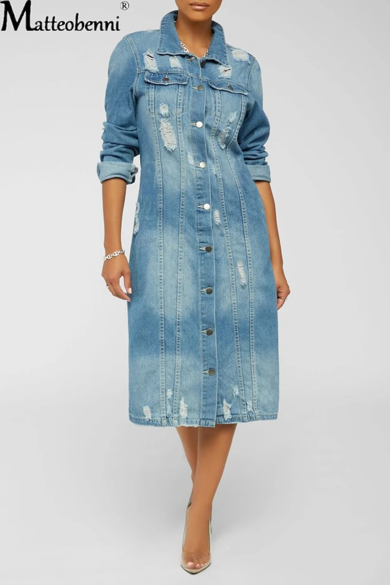 Autumn Women Sexy Ripped Denim Jackets Vintage Casual Long Jean Jacket Winter Female Long Sleeve Coat Streetwear 240717