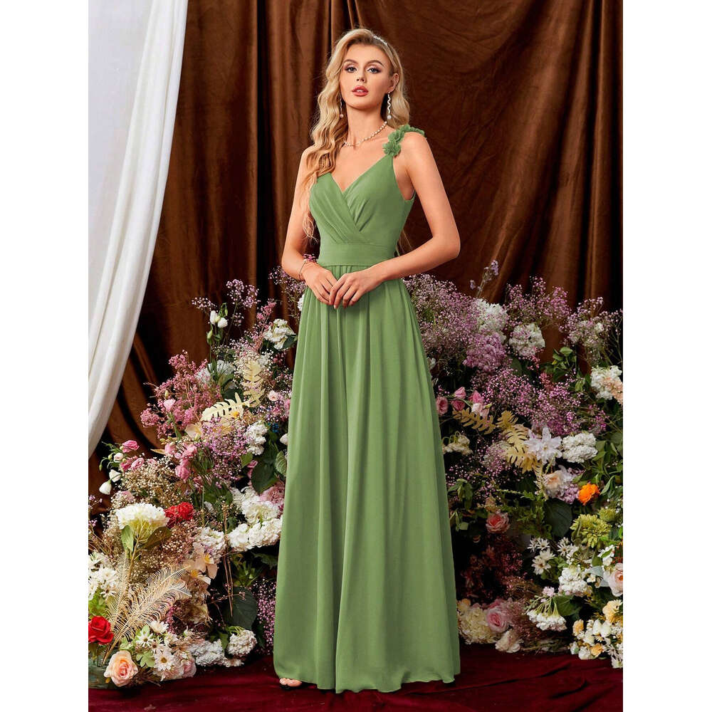 Clover Bridal Ruched ral Straps Chiffon Plicated Detail Tie Back Bridesmaid Dresses Green Long robes