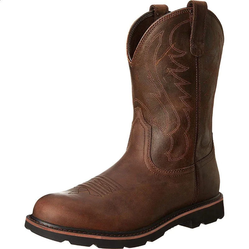 Men Western Boots Mid Calf Boots Embroidery Knight Boots Anti-slip Vintage Cowboy Boots Outdoors Leather Shoes Large Size 48 240719