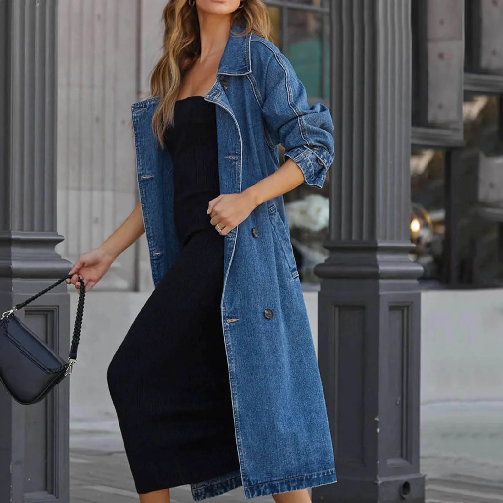 WomenS Vintage Long Jean Jacket Temperament Loose Fit Double Breasted Denim Jacket Lapel Trench Coat With Belt Woman Clothing 240717