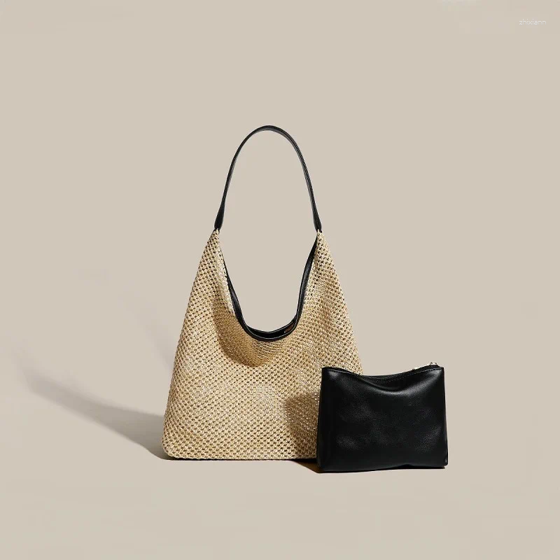 Free Shipping Shoulder Bags Women Straw Bag With PU Purse Ladies Casual Large Capacity Tote For Summer Beach Handbag Stylish Designer Bag Luxury Bag T