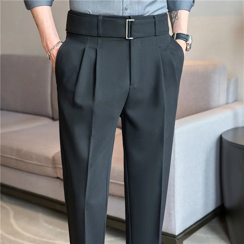British style autumn belt decoration n set mens Naples high waist casual slim suitable for social folds Trouser 240828