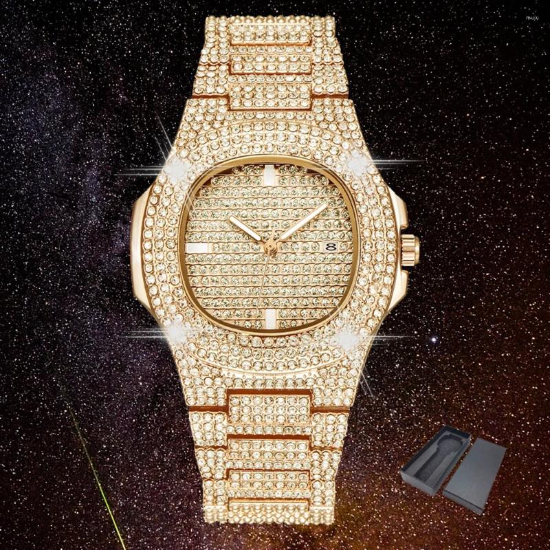 Wristwatches Ice-out Hip Hop Bling Diamond Watch Men Gold Stainless Steel Men's Business Quartz Watches Women Waterproof Relogio Masculino