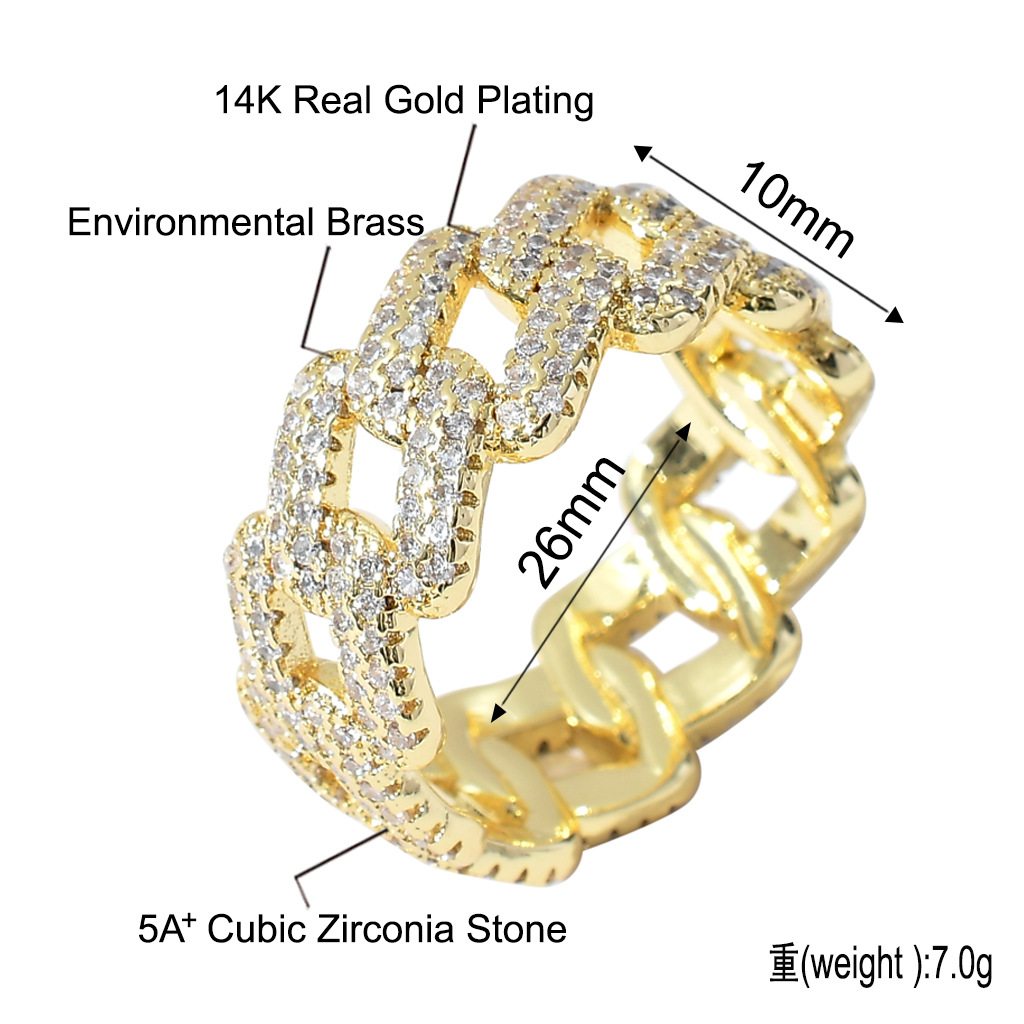 Hip Hop 10mm Cuban Chain Rings 18K Real Gold Plated 5A Zircon Jewelry for Men