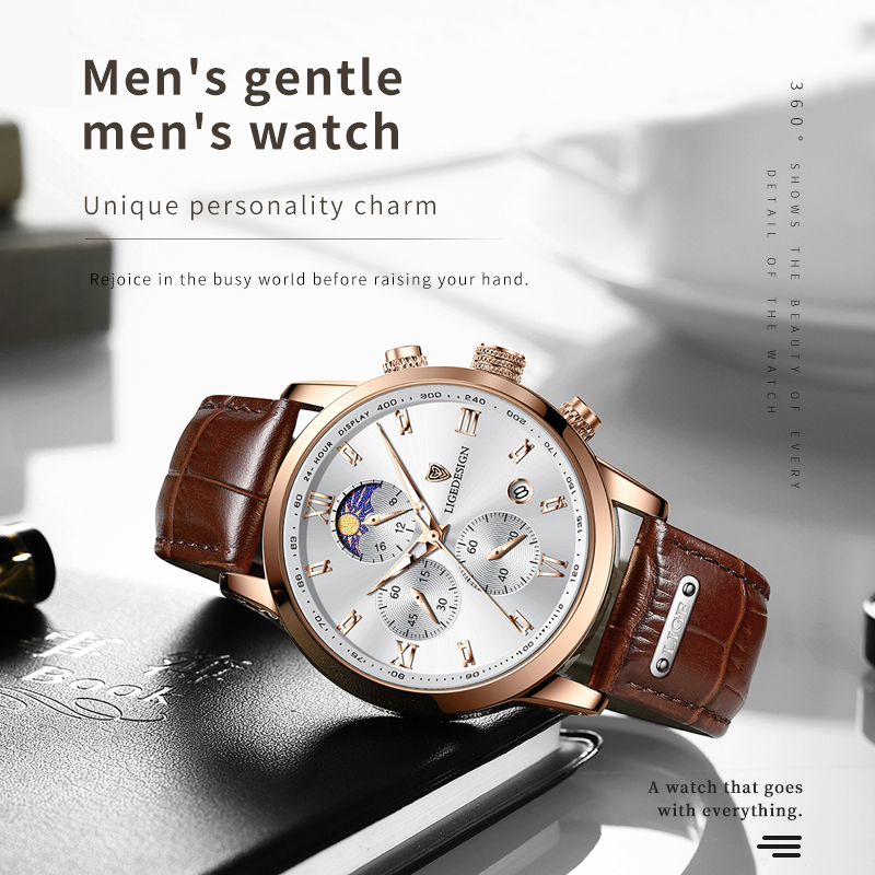 LIGE Men's Quartz Watch 24-hour Moon Phase Calendar Multi-Function Six-pin Watch Classic Business Watch Leather Watch Life Waterproof Watch