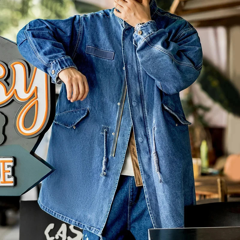 Maden American Retro M65 Denim Fishtail Trench Coats Loose Profile Mid-length Windbreaker Mens Autumn Jackets Casual Overcoat 240719