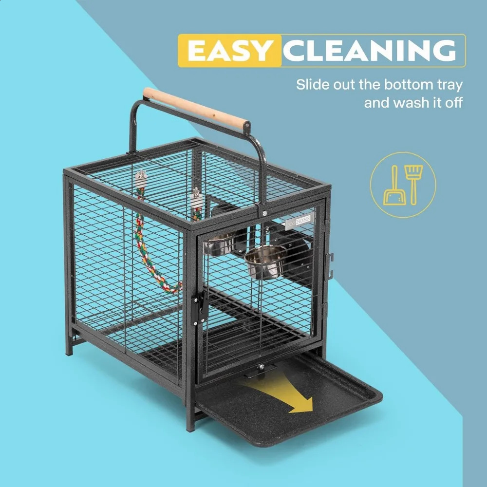 19 Inch Wrought Iron Bird Travel Cage for Parrots Conures Lovebird Cockatiel Parakeets Black 240724