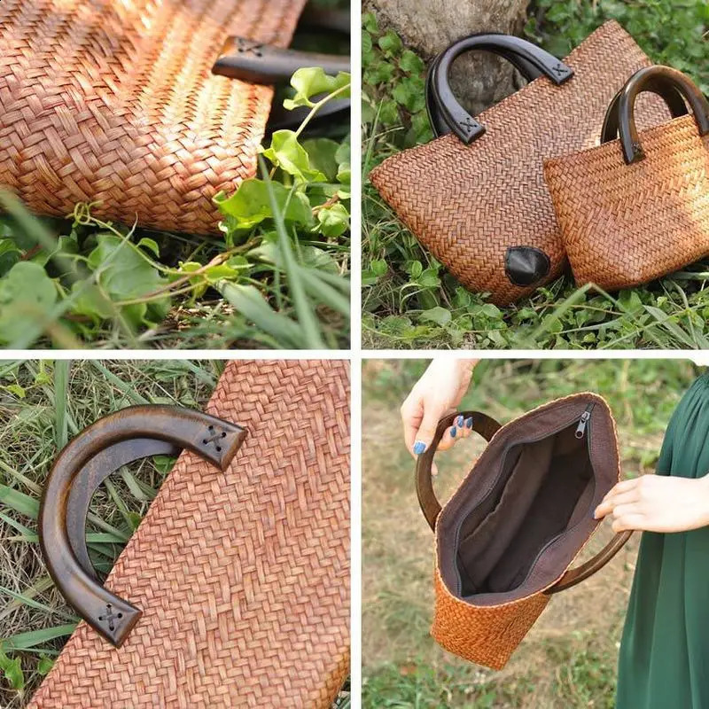 Handmade straw bag retro rattan straw woven handy beach bag simple art weaving bag 250207