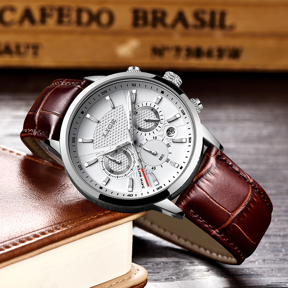 LIGE Fashion Mens Watchs Lige Top Brand Leather Chronograph Chronograph Sport Sport Auto Date Quartz Quartz pour hommes Quarzuhr