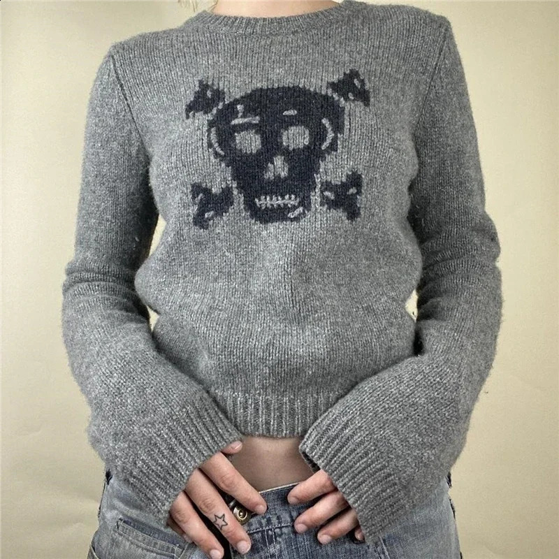 Skull Sweater y2k Aesthetic Fairy Grunge Clothes Women Gray Long Sleeve Crop Top 2000s Punk Gothic Pullover Streetwear 240812