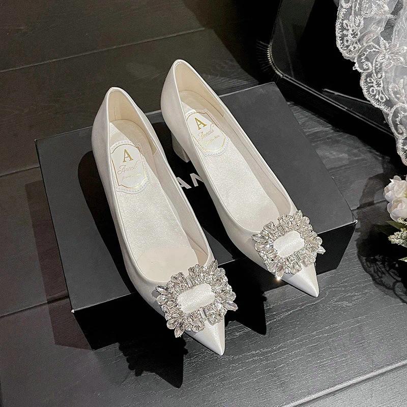 Dress Shoes White Thick Heels Wedding 2024 Bridal Dia Buckle Pregnant Women Pumps