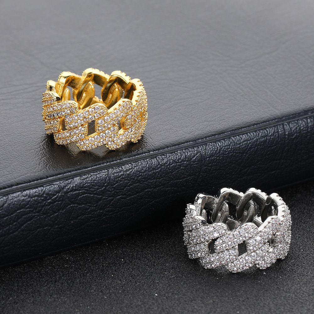 Hip Hop 11mm Rhombus Cuban Chain Rings 18K Real Gold Plated Mens Rap Jewelry