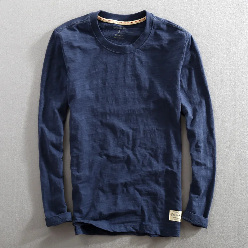 Mens Vintage Solid Bamboo Cotton Long Sleeve T-Shirt Male Tops O-Neck Casual Thin Tees Slub T Shirts 240812