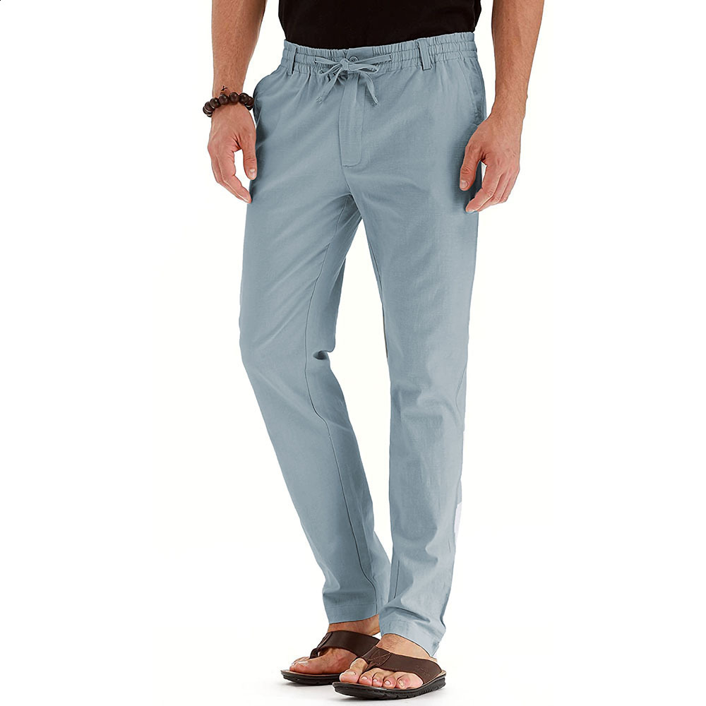 White Cotton Linen Pants Men Casual Loose Lightweight Yoga Trousers Mens Summer Beach Long with Drawstring Button Fly 210715