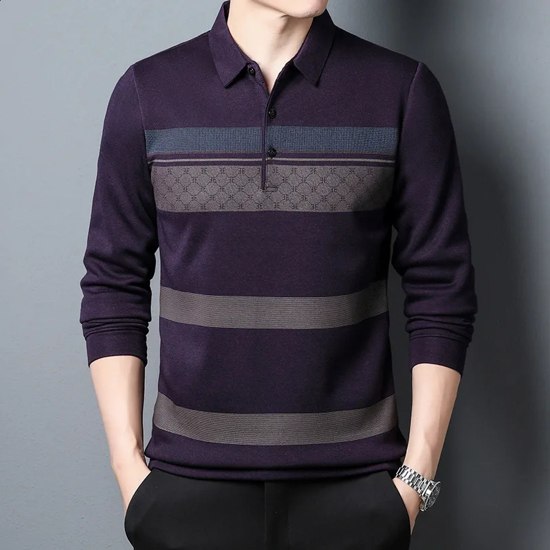 Mens Autumn Clothes Top Long-sleeved T-shirt Fashion Casual Mens Loose Striped Polo Shirt 240824