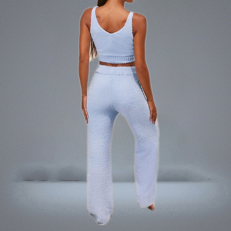 Women039s Tracksuits Women Sexy 2 Piece Fuzzy Plush Outfits VNeck Backless Crop Top Long Pants Winter Sweater Solid Color Paja