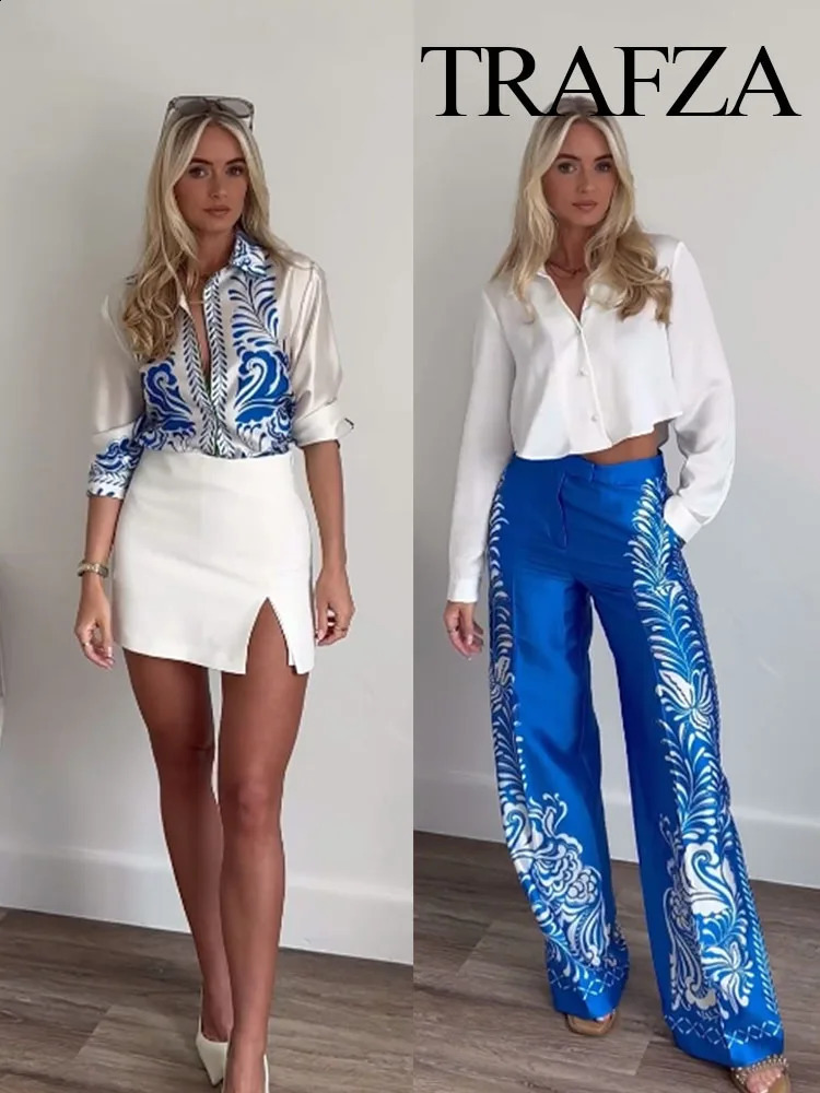 TRAFZA Women Suits Print Turn-Down Collar Long Sleeves Single Breasted Casual ShirtsHigh Waist Pockets Zipper Wide Leg Pants 240724