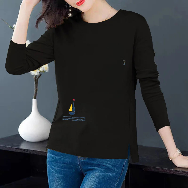 100 Cotton Spring Floral Print Pure Cotton Women T-shirt Full Split Base Shirt Round Neck Long Sleeve Slim Top 240806