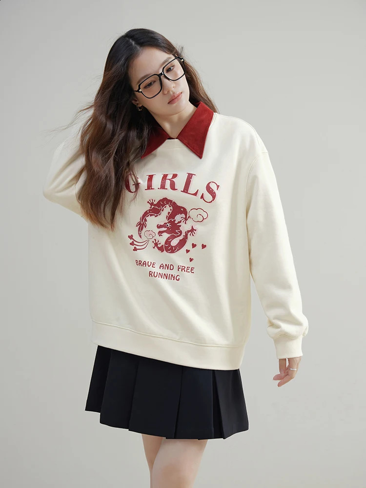 DUSHU round neck casual beige white sports shirt with letter printing for winter womens straight sleeved top wool lining and zipper 240827