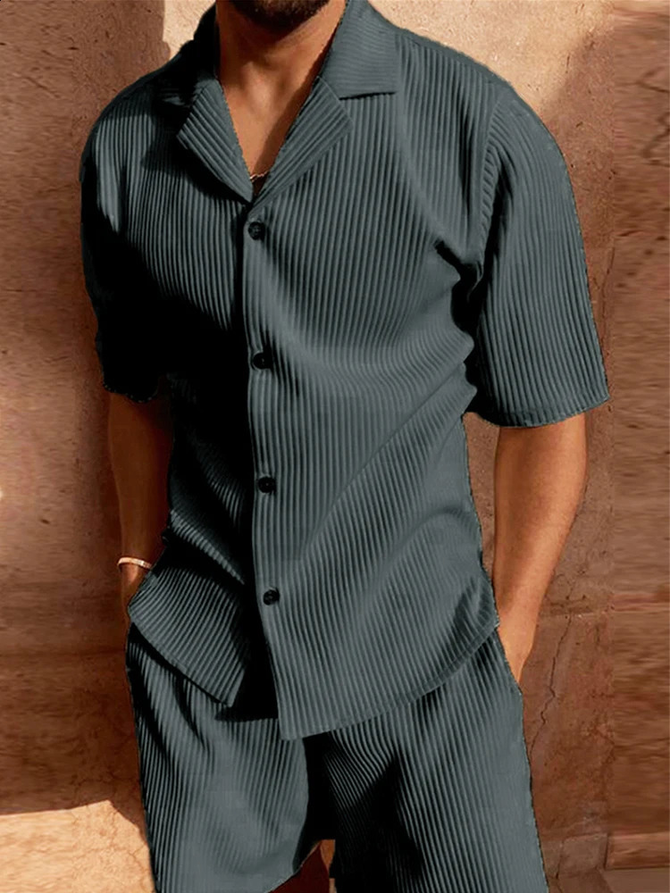 Daily Casual Mens Corduroy Outfits Solid Color Short Sleeve Ribbed Shirt And Shorts Two Piece Suits Men Streetwear Fashion Sets 240716