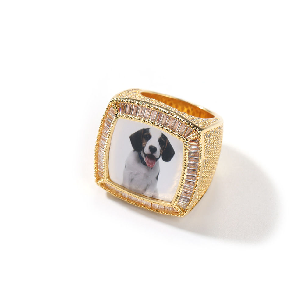 Hip Hop DIY Custom Photo Ring 18K Real Gold Plated T Zircon Women Mens Jewelry