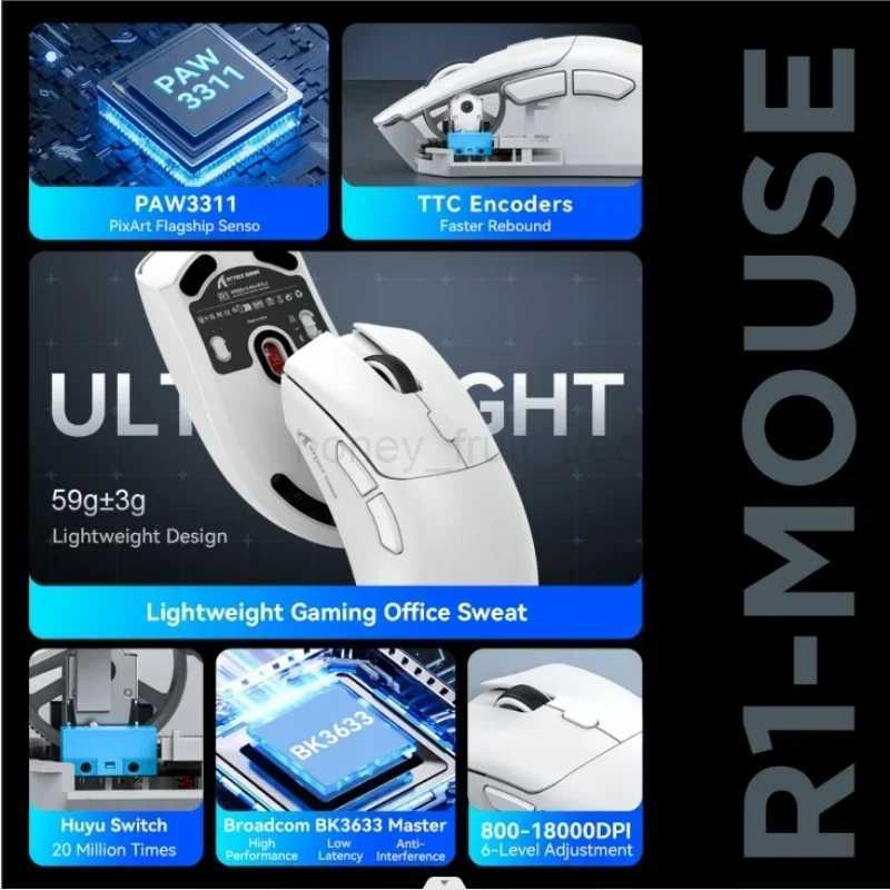 Attack Shark R1 Gaming Mouse with adjustable DPI wireless or wired connection modes lightweight mice ergonomic designM240725