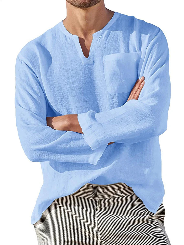 Mens Cotton Linen T Shirt Long Sleeve Hippie Casual Beach Vintage V-Neck Loose Pullover Tops Mens Tees Streetwear 240812
