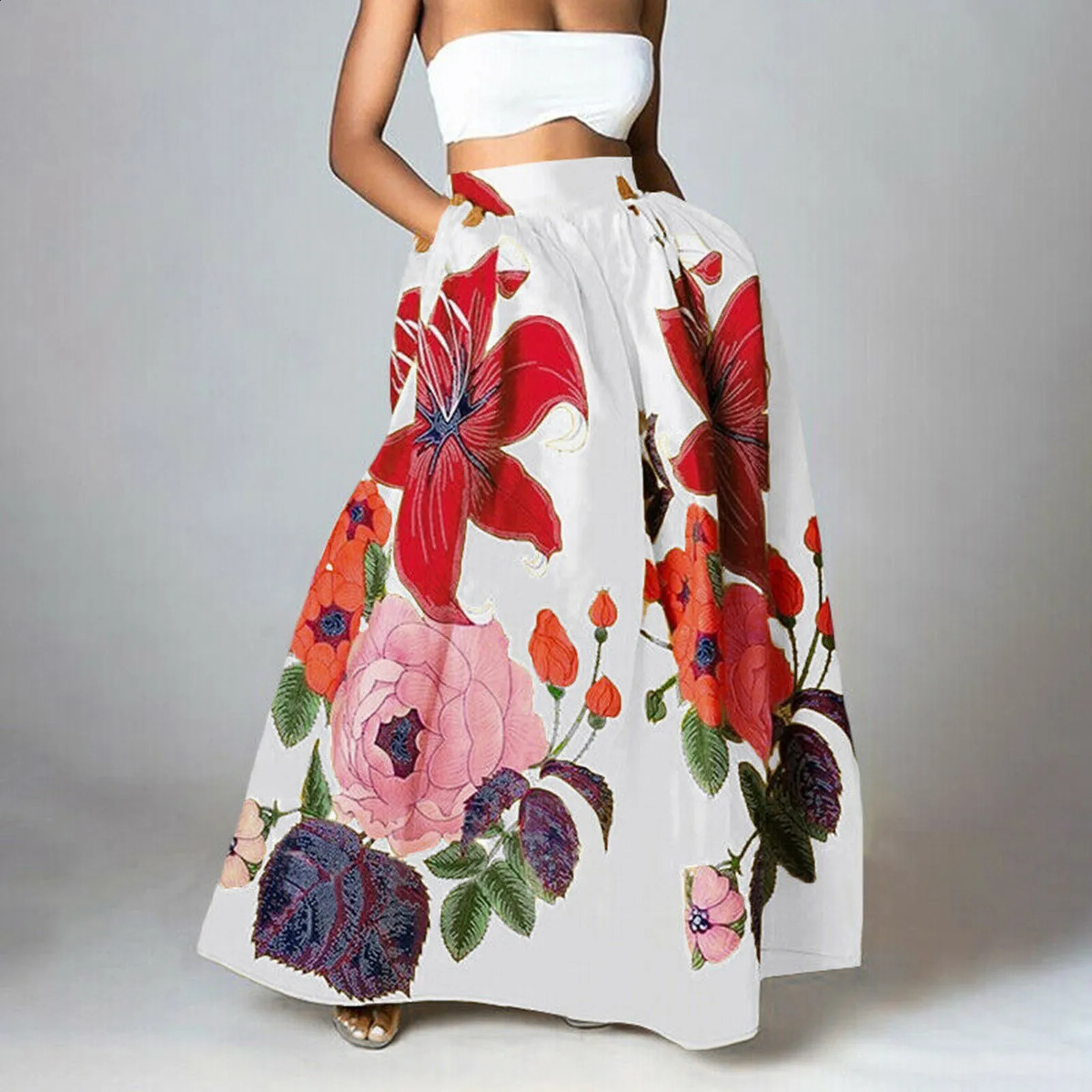 Women Floral Print Maxi Skirt Bohemian High Waist Pocket Party Long Skirt Loose Ruched Dress Elegant Female Fashion A-Line Skirt 240724