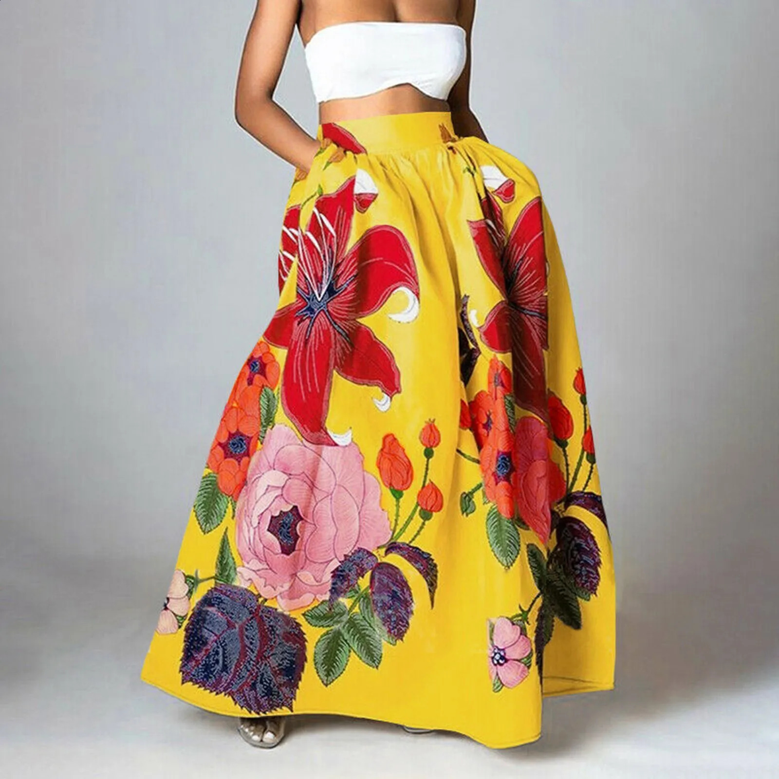 Women Floral Print Maxi Skirt Bohemian High Waist Pocket Party Long Skirt Loose Ruched Dress Elegant Female Fashion A-Line Skirt 240724