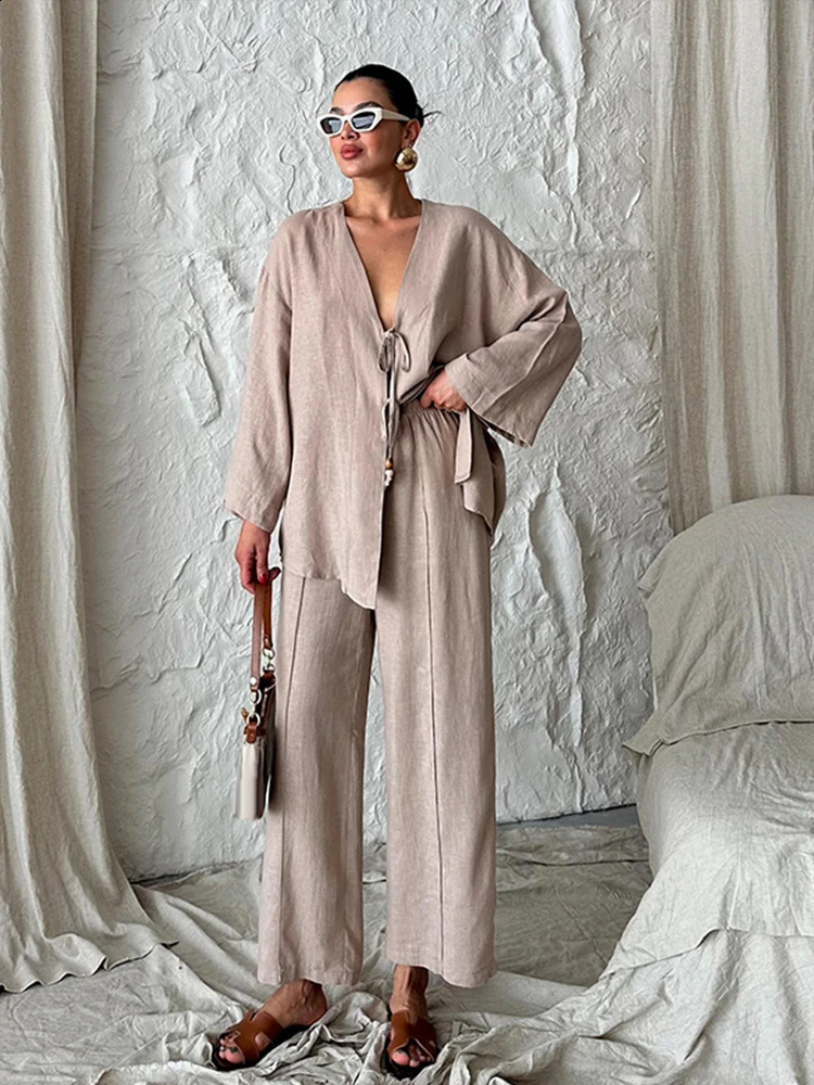 Cotton Two Piece Set Women Casual Lace Up Bow V Nack Female Shirt Suits Wide Leg Pants Autumn in Matching Lady Outfits 240725