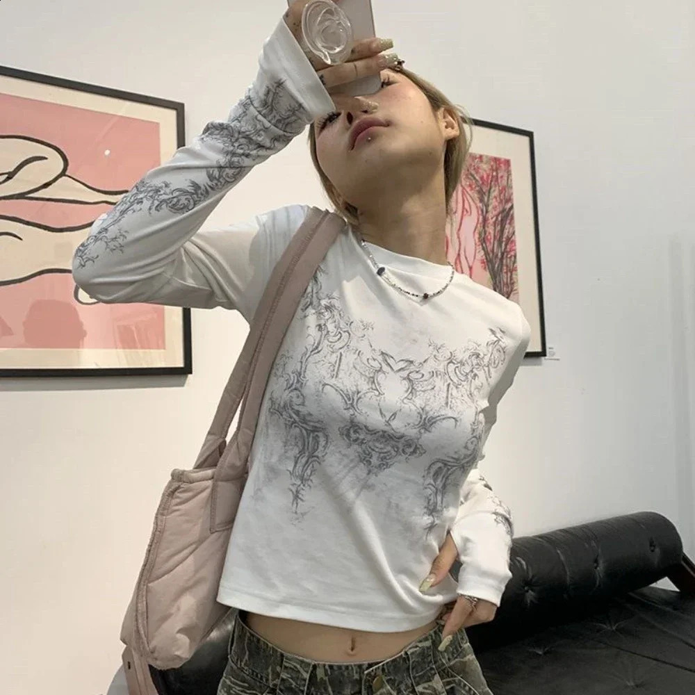 Vintage womens Y2K T-shirt Blusas O-neck long sleeved printed Tunic womens clothing fashion casual crop top shirt 240826