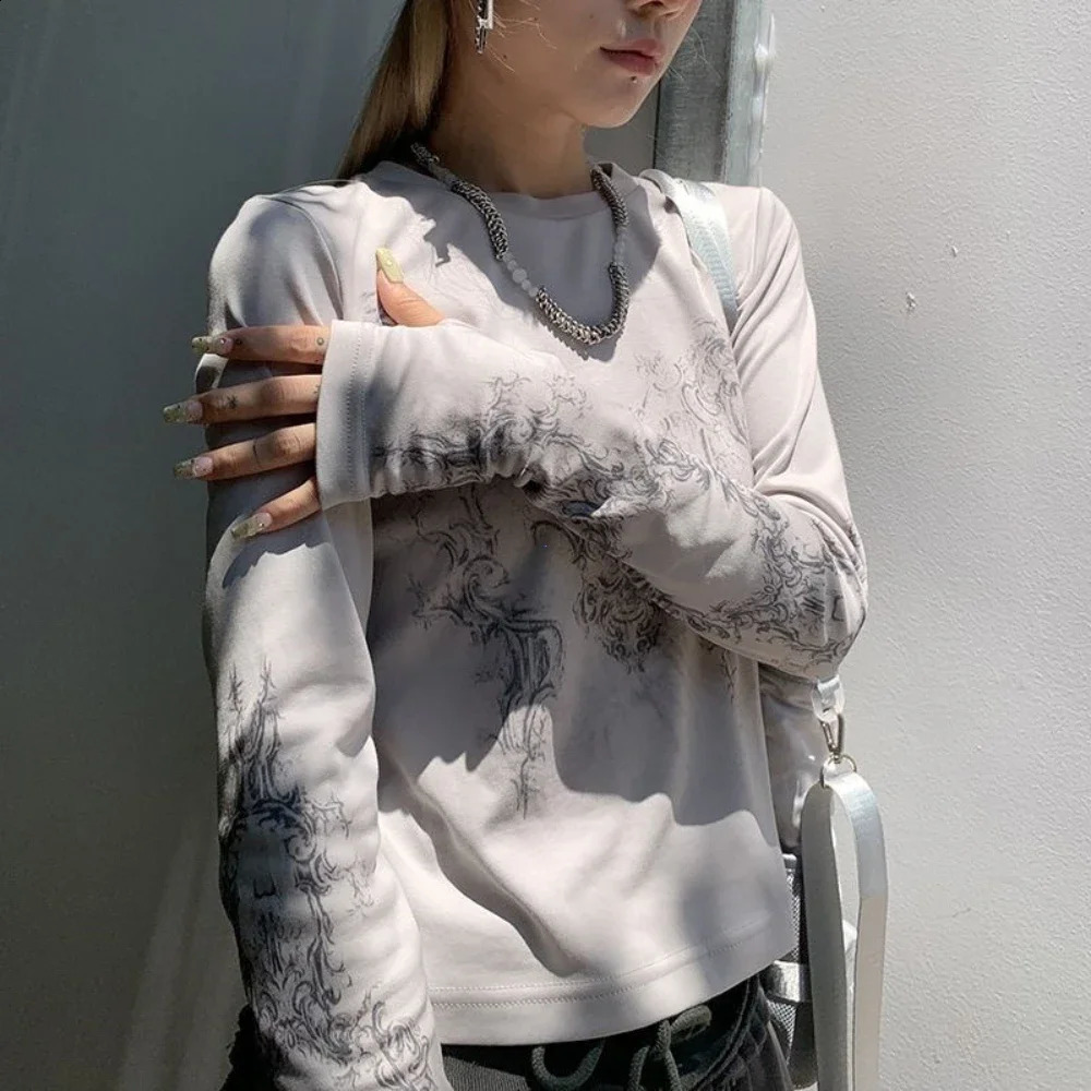 Vintage womens Y2K T-shirt Blusas O-neck long sleeved printed Tunic womens clothing fashion casual crop top shirt 240826