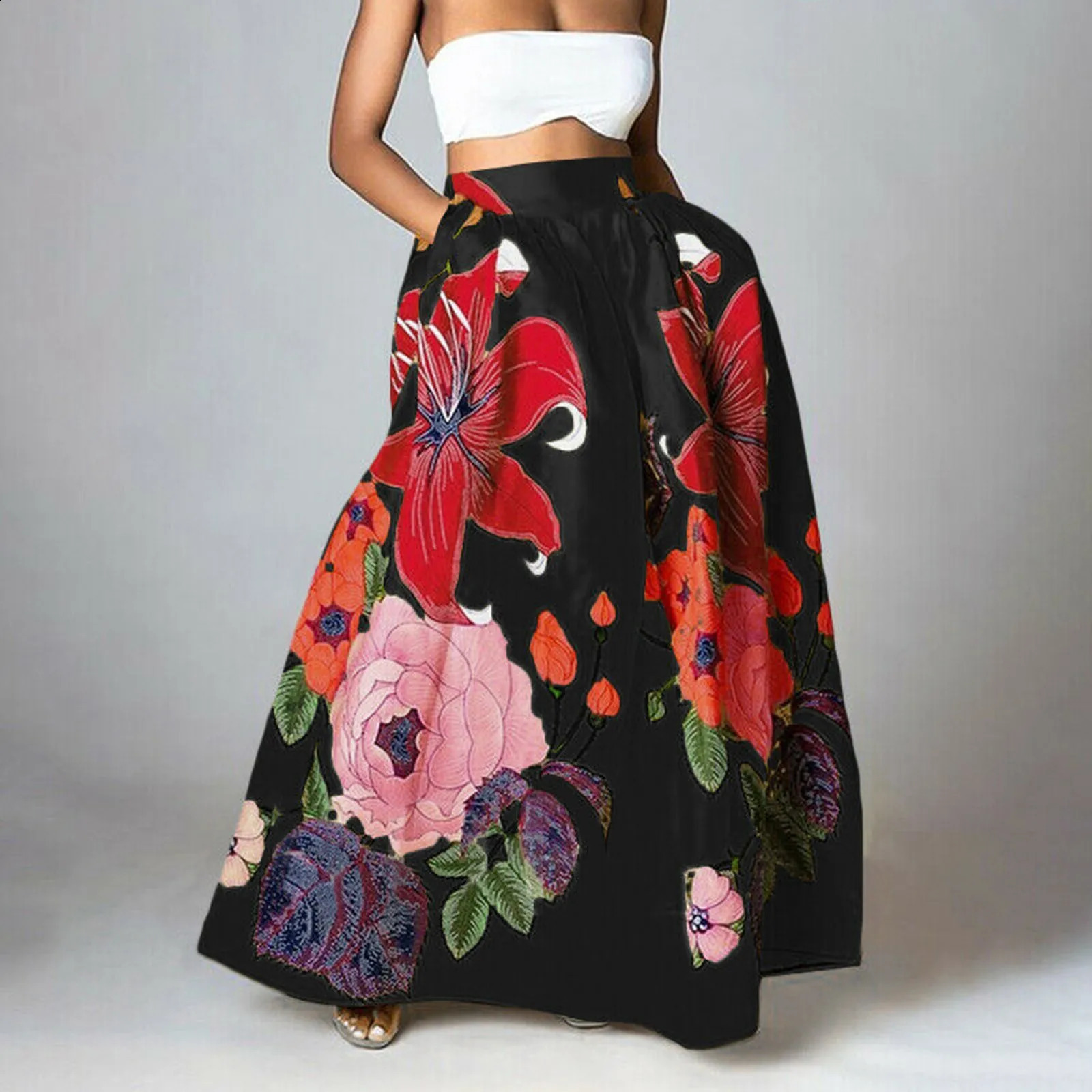 Women Floral Print Maxi Skirt Bohemian High Waist Pocket Party Long Skirt Loose Ruched Dress Elegant Female Fashion A-Line Skirt 240724
