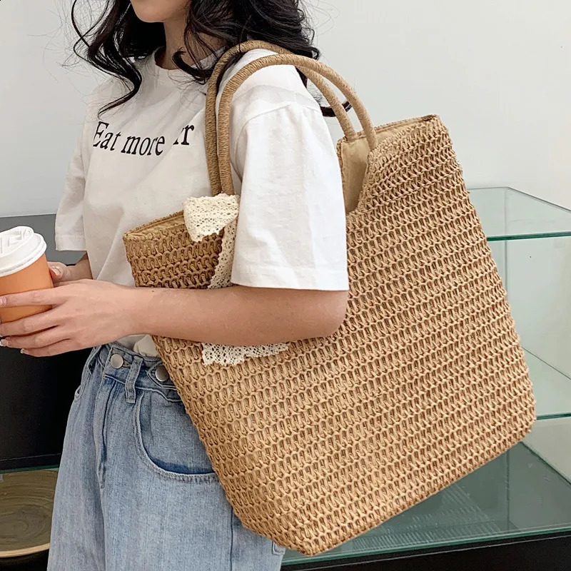 Fashion Large Capacity Shoulder Shopper Women Straw Woven Beach Bag Basket Handbag Bohemia Rattan Knitted Top Handle Bags 240723