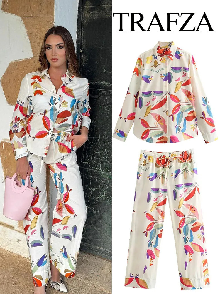TRAFZA Women Suits Print Turn-Down Collar Long Sleeves Single Breasted Casual ShirtsHigh Waist Pockets Zipper Wide Leg Pants 240724